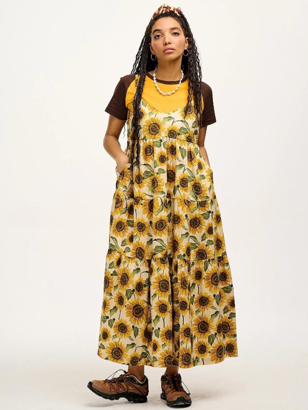 Lucy & Yak Mable Dress Cream Sunflower Print Tiered Midi UK 12 US 8